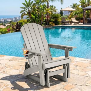 DEAUL HDPE Adirondack Outdoor Glider Chair, 3-Position Adjustable Backrest Patio Glider, All-Weather Heavy Duty Chair for Pool, Yard, Gray (1 PC)