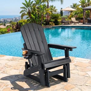 DEAUL HDPE Adirondack Outdoor Glider Chair, 3-Position Adjustable Backrest Patio Glider, All-Weather Heavy Duty Chair for Pool, Yard, Black (1 PC)