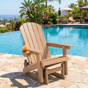 DEAUL HDPE Adirondack Outdoor Glider Chair, 3-Position Adjustable Backrest Patio Glider, All-Weather Heavy Duty Chair for Pool, Yard, Teak (1 PC)