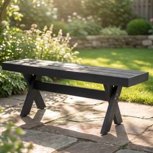 DEAUL 44.5" HIPS Outdoor Bench, X-Shaped Backless Garden Bench, All Weather Patio Seating, Easy Assembly for Garden, Porch & Park-Wood-Grain Black