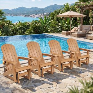 DEAUL HDPE Adirondack Outdoor Glider Chair, 3-Position Adjustable Backrest Patio Glider, All-Weather Heavy Duty Chair for Pool, Yard, Teak (4 PCS)