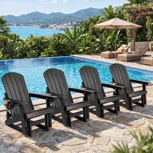DEAUL HDPE Adirondack Outdoor Glider Chair, 3-Position Adjustable Backrest Patio Glider, All-Weather Heavy Duty Chair for Pool, Yard, Black (4 PCS)