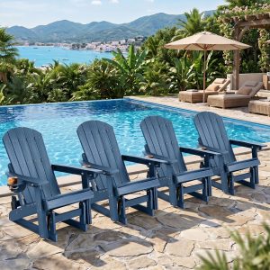 DEAUL HDPE Adirondack Outdoor Glider Chair, 3-Position Adjustable Backrest Patio Glider, All-Weather Heavy Duty Chair for Pool, Yard, Blue (4 PCS)