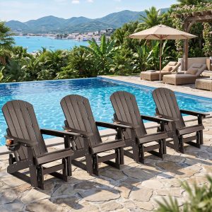 DEAUL HDPE Adirondack Outdoor Glider Chair, 3-Position Adjustable Backrest Patio Glider, All-Weather Heavy Duty Chair for Pool, Yard, Coffee Brown (4 PCS)