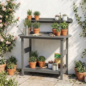 DEAUL Potting Bench Table with 3-Tier Storage, Heavy Duty All-Weather Curved Edges Gardening Table for Patio Backyard Garden, Easy Assembly (Gray）