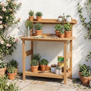 DEAUL Potting Bench Table with 3-Tier Storage, Heavy Duty All-Weather Curved Edges Gardening Table for Patio Backyard Garden, Easy Assembly (Teak)