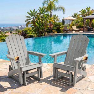 DEAUL HDPE Adirondack Outdoor Glider Chair, 3-Position Adjustable Backrest Patio Glider, All-Weather Heavy Duty Chair for Pool, Yard, Gray (2 PCS)