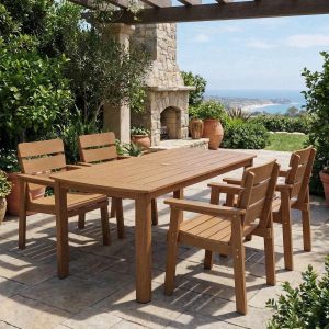 DEAUL 5-Piece Outdoor Dining Set, All-Weather HIPS Patio Table & 4 Chairs with Umbrella Hole, Outdoor Furniture for Garden Backyard Deck（Teak）