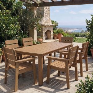 DEAUL 7-Piece Outdoor Dining Set, All-Weather HIPS Patio Table & 6 Chairs with Umbrella Hole, Outdoor Furniture for Garden Backyard Deck（Teak）
