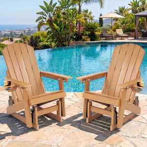 DEAUL HDPE Adirondack Outdoor Glider Chair, 3-Position Adjustable Backrest Patio Glider, All-Weather Heavy Duty Chair for Pool, Yard, Teak (2 PCS)