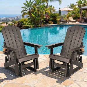 DEAUL HDPE Adirondack Outdoor Glider Chair, 3-Position Adjustable Backrest Patio Glider, All-Weather Heavy Duty Chair for Pool, Yard, Coffee Brown (2 PCS)