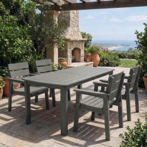 DEAUL 5-Piece Outdoor Dining Set, All-Weather HIPS Patio Table & 4 Chairs with Umbrella Hole, Outdoor Furniture for Garden Backyard Deck（Gray）