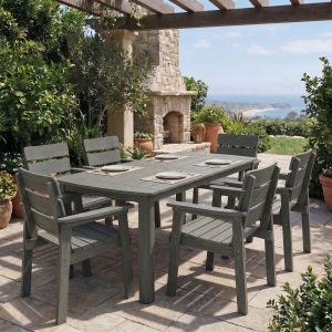 DEAUL 7-Piece Outdoor Dining Set, All-Weather HIPS Patio Table & 6 Chairs with Umbrella Hole, Outdoor Furniture for Garden Backyard Deck（Gray）