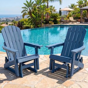 DEAUL HDPE Adirondack Outdoor Glider Chair, 3-Position Adjustable Backrest Patio Glider, All-Weather Heavy Duty Chair for Pool, Yard, Blue (2 PCS)
