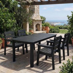 DEAUL 5-Piece Outdoor Dining Set, All-Weather HIPS Patio Table & 4 Chairs with Umbrella Hole, Outdoor Furniture for Garden Backyard Deck（Black）