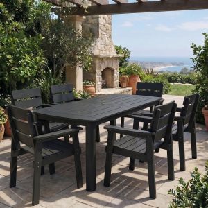 DEAUL 7-Piece Outdoor Dining Set, All-Weather HIPS Patio Table & 6 Chairs with Umbrella Hole, Outdoor Furniture for Garden Backyard Deck（Black）