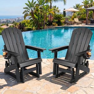 DEAUL HDPE Adirondack Outdoor Glider Chair, 3-Position Adjustable Backrest Patio Glider, All-Weather Heavy Duty Chair for Pool, Yard, Black (2 PCS)